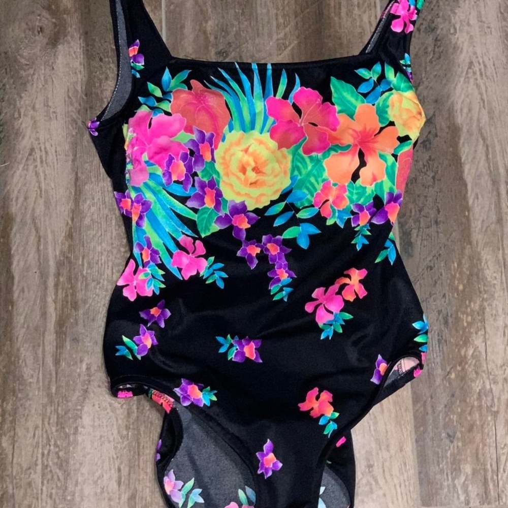 Vintage gabar floral black with bright colorful flowers low back size 10